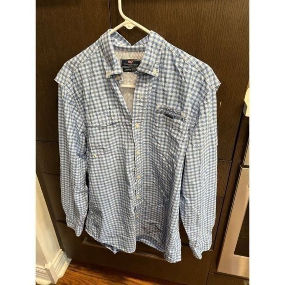Vineyard Vines Harbor Shirt Men Medium L/S Vented Blue White Check Logo Fishing